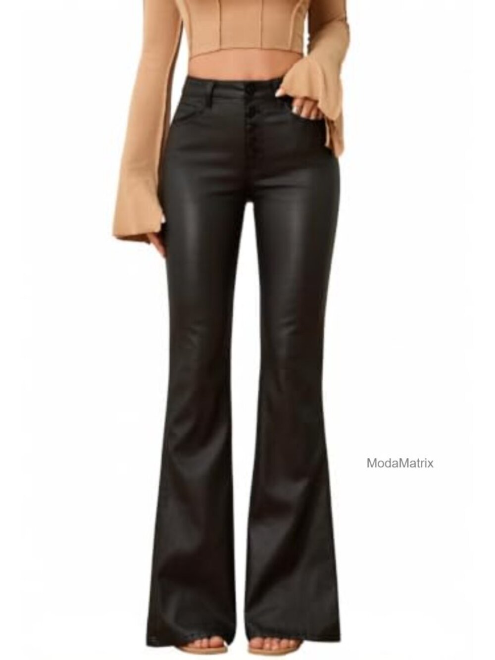 Faux Leather Pants Skinny Flare Leggings Mid Waist Button Front Women